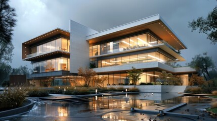 Modern architectural masterpiece with large glass windows surrounded by lush landscaping and water features