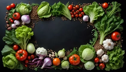 Crédence de cuisine Cuisine Verduras y legumbres frescas dispuestas en un marco sobre un fondo oscuro, incluidas lechuga, tomates, ajo, lentejas y otras verduras  © Monster
