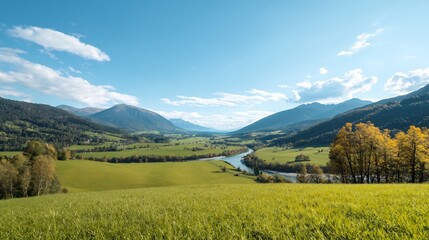 Scenic landscape featuring a lush green valley with a winding river and distant mountains under a clear blue sky