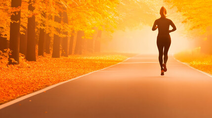 Woman runs on a road through an autumn forest with golden leaves and morning mist.