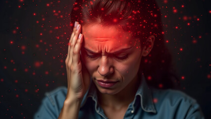 Close-up of a woman holding her temple, expressing discomfort from a headache. Red glowing particles symbolize pain, set against a dark background, representing migraine or stress-related pain.