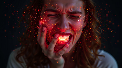 Close-up of a woman holding her jaw, expressing discomfort from a toothache. Red glowing particles symbolize pain, set against a dark background, representing dental pain or oral health issues.