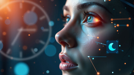 Close-up of a woman's face with glowing digital elements, symbolizing insomnia and sleep disorders. A blurred clock in the background and floating lights represent time and restless nights.