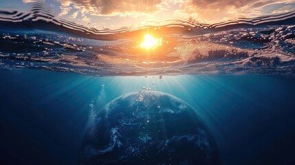 Obraz premium Stunning underwater view of Earth illuminated by a sunset, showcasing vibrant colors and light rays