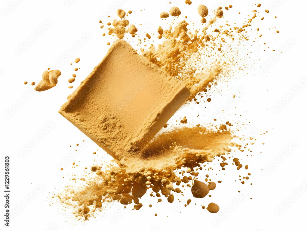 Poster golden powder explodes creating a dynamic cloud effect on white backdrop.