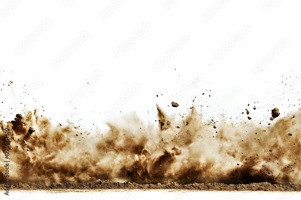 Poster dirt and rocks explode upwards dramatically against a white background, creating a dynamic visual.