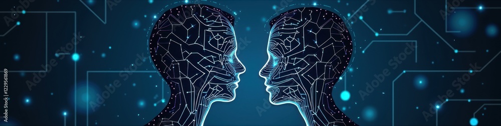 Poster tech blueprint of two human silhouettes connected by neon neural paths in deep navy, symbolizing inn