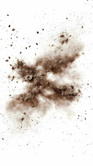Brown Dust Explosion with Scattered Particles and Debris on White Background