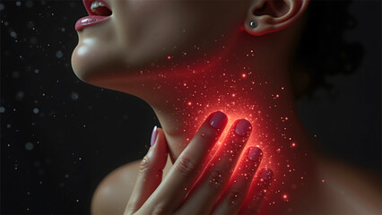 Sore throat concept. A woman holds her throat, expressing discomfort, with glowing red particles symbolizing pain and inflammation. The dark background enhances the sensation of illness and discomfort