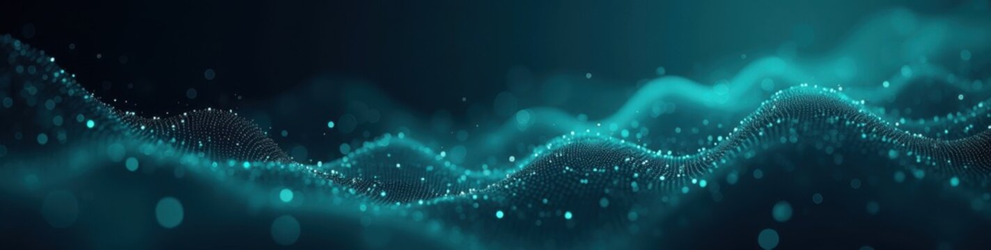Minimalistic wallpaper with flowing neural network lines and binary code in a gradient of dark navy to bright teal, sleek design concept.