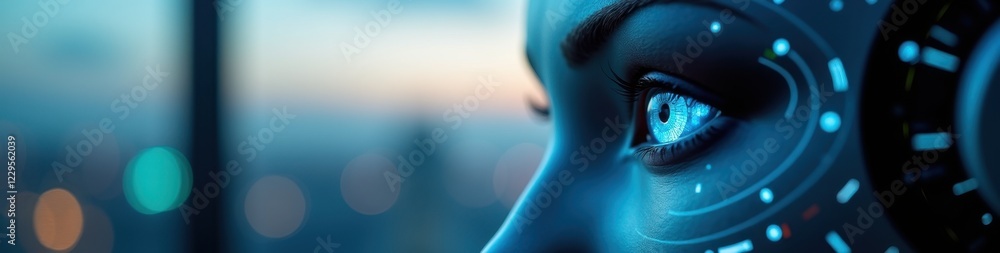 Poster close-up of a robotic eye scanning digital data in a corporate innovation space, showcasing artifici