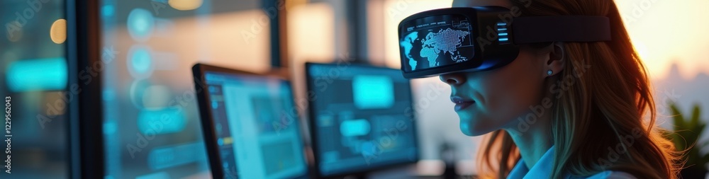 Poster young woman immersed in augmented reality while working in a high-tech workspace, illuminated by mor