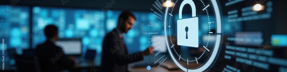 Poster realistic digital security key interacting with ai lock interface in a cybersecurity office, represe
