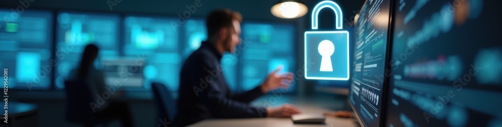 Aufkleber realistic digital security key with ai lock interface displayed in a cyber security office, showcasi