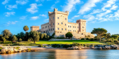Fototapeta premium Majestic Castle Stands Serenely by the Tranquil Lakeside with Lush Greenery and Blue Sky