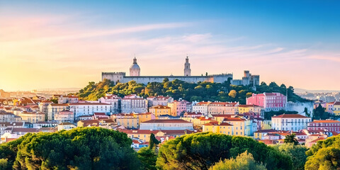 Fototapeta premium Colorful cityscape overlooks a historic castle and church during a beautiful golden sunset.