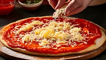 Shredded mozzarella cheese is sprinkled over the pizza dough, with tomato sauce spread evenly.