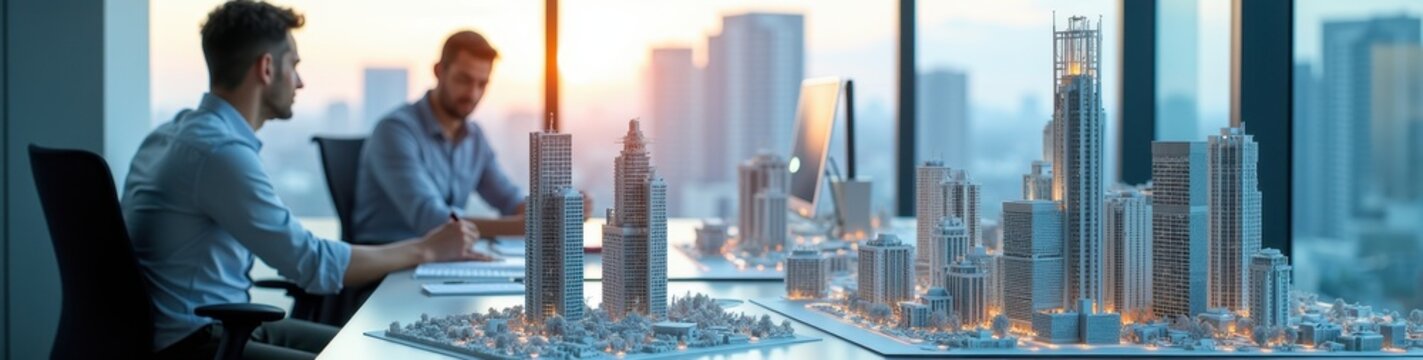 Aerial shot of designers working on architectural models in an urban planning office, showcasing AI simulations, concept of innovation in city design.