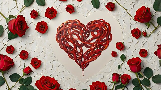 Abstract painting on silk with red snakes embracing each other sitting on a pile of roses and surrounded by scattered hearts and a blank sign saying happy valentine's day. Valentine's day concept