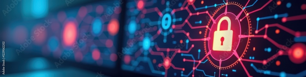 Poster cybersecurity padlock icon on a computer screen with a vibrant tech background, symbolizing digital 