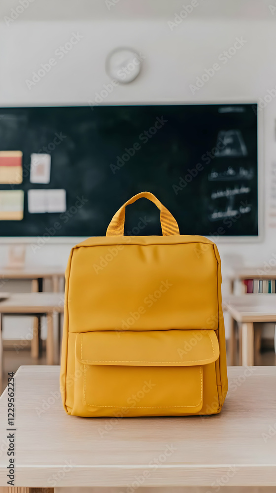 Poster yellow backpack sits on desk in empty classroom with blackboard, ready for learning