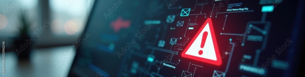 Poster cyber alert symbol flashing on computer interface in professional workspace, emphasizing cybersecuri