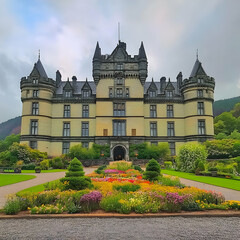 Fototapeta premium Stately Castle Stands Majestically Amidst Vibrant Flower Gardens Under a Cloudy Sky.