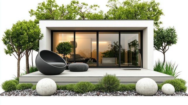 Modern prefab home exterior with patio furniture, lush landscaping, evening interior view