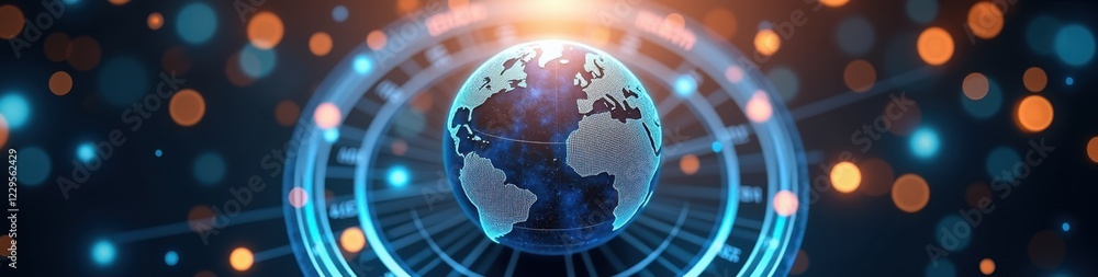 Poster cybersecurity shield surrounding a globe in a tech conference room with warm soft lighting, represen