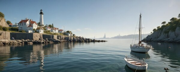 Sailboat moored at a tranquil harbor with a lighthouse nearby, sea, harbor, lighthouse