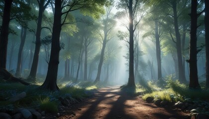 Obraz premium Scene with blue light filtering through trees, ethereal, night