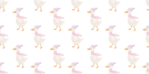 Seamless pattern with funny goose character, cute baby animal, watercolor repeating backdrop for kids © Elena