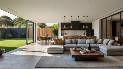 Modern open plan living room showing swimming pool and kitchen.