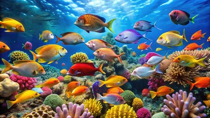 School of colorful fish swimming together in a vibrant coral reef, underwater world, aquatic animals, marine life