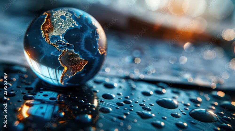 Poster a close-up view of a globe resting on a wet surface, reflecting light, symbolizing global interconne