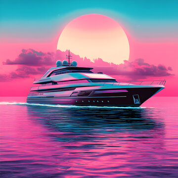 Yacht with retro 1980's synthwave background 