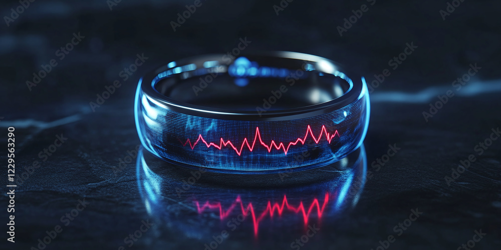 Poster a sleek black ring with embedded led display showing health metrics, set against a futuristic circui