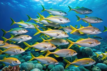 School of yellowtail fish swimming together in the coral reef, reef ecosystem, marine habitat, school of fish