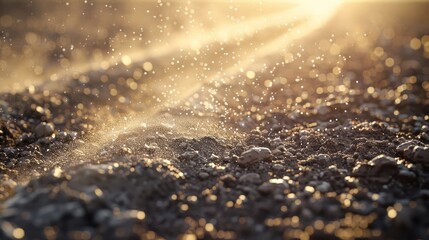 Sunlight filtering through dust particles over a textured ground at golden hour, evoking tranquility