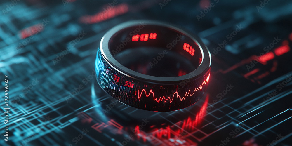 Aufkleber a sleek black ring with embedded led display showing health metrics, set against a futuristic circui