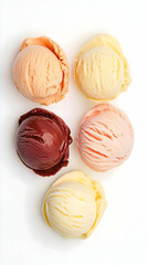 Obraz premium Five Scoops of Assorted Flavors Ice Cream Displayed Beautifully on a White Background