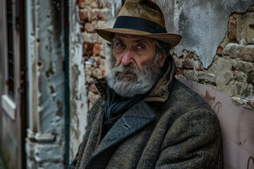 Elderly man with long white beard wearing worn clothes and hat in gritty urban background