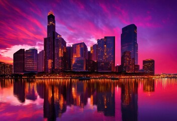 Fototapeta premium stunning reflections vivid skyline tranquil water surfaces creating serene urban landscape dusk, artwork, backdrop, beauty, breathtaking, brightness, city
