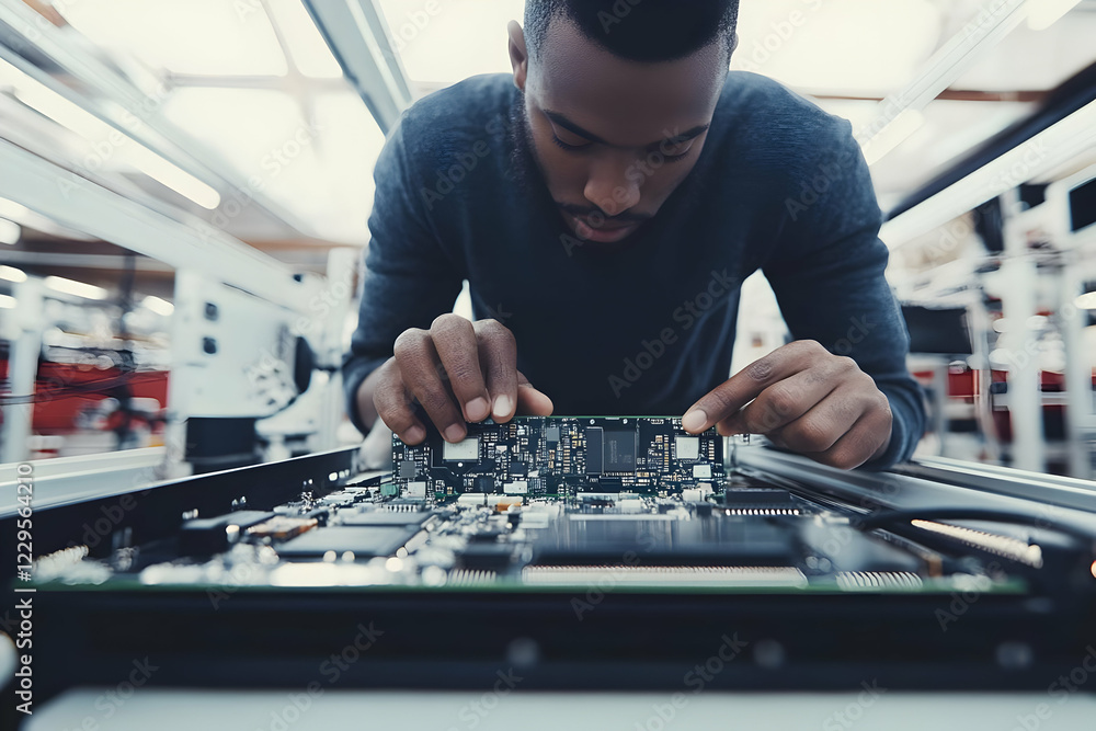Poster technician installs circuit board component in modern electronics factory carefully and precisely