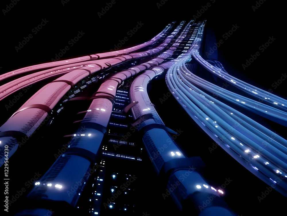 Fototapete glowing cables transmit data efficiently in dark environment with advanced technology and fast speed