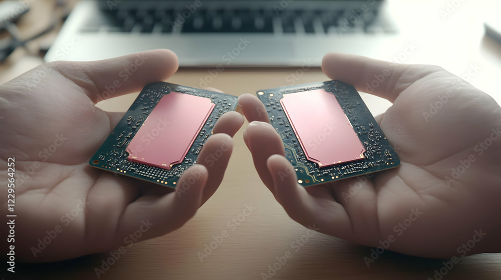 Poster hands holding two computer chips over a table with a laptop in the background