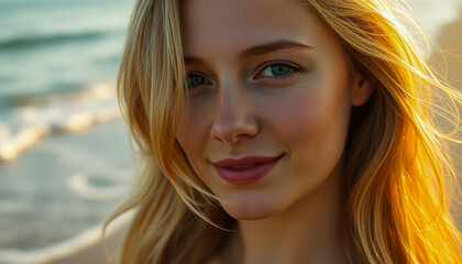 Beautiful woman with flowing blonde hair and soft sunlight reflecting off her face, standing by the ocean.