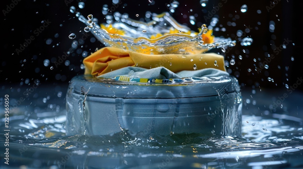 Poster vibrant splash of water over a colorful pile of clothes in a basin, creating a dynamic scene