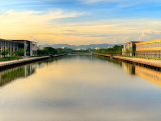 Obraz premium Tranquil Canal Reflects Golden Sunset and Modern Buildings with Distant Mountains under Pastel Sky