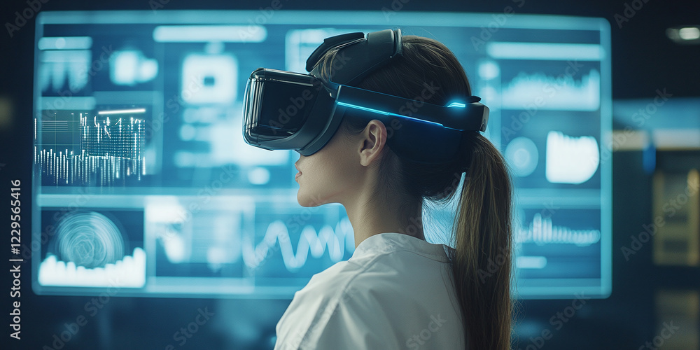 Poster a woman using a futuristic virtual reality headset in a tech-driven workspace, analyzing data on hol